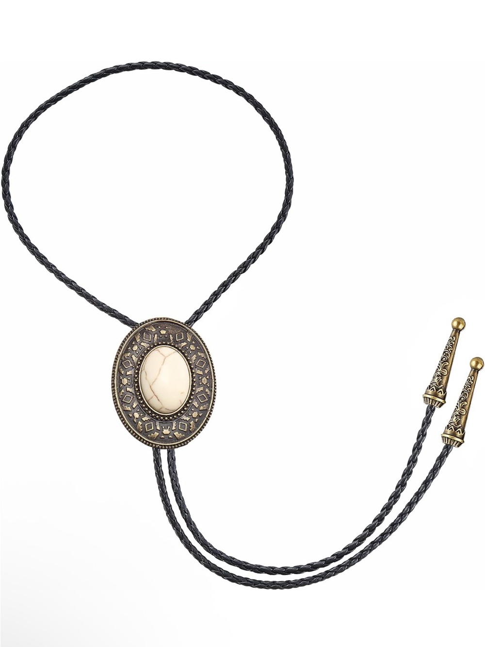 Anthropologie Black Braided Bolo Necklace with Cream Stone and Gold Tone Accents
